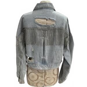 Women's Distressed Denim Jacket with Rhinestone Fringe by Blue B - 1X